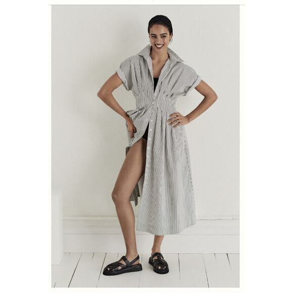 Anthropologie The Tobie Button Front Pleated Stripe Shirt Dress Size Large - Picture 1 of 12